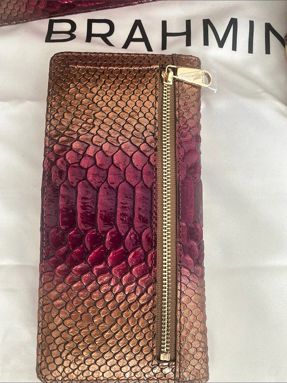 Brahmin Hailee Embossed Shoulder Bag Brown and magenta purple and wallet - Picture 6 of 7